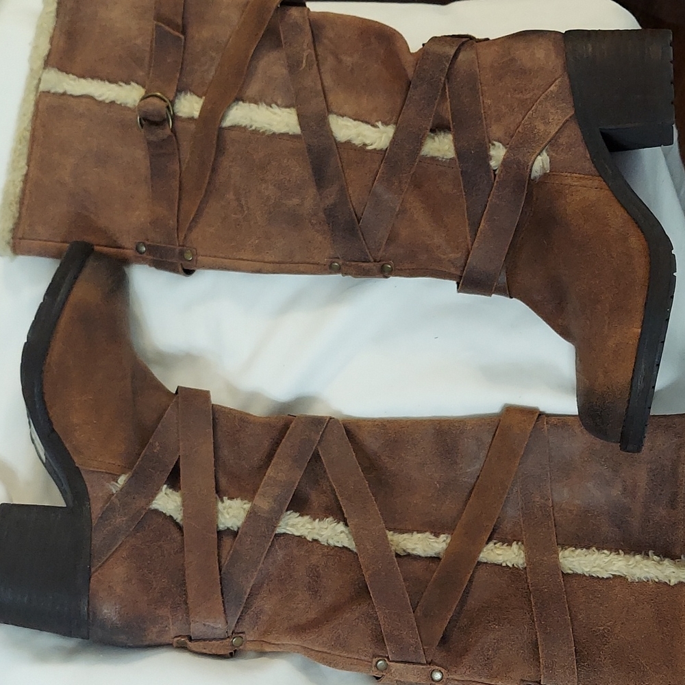 Zodiac "Audreya" brown leather, faux fur tall boots. Sz 8.5